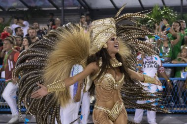 Rio, Brezilya - 23 Şubat 2020: Samba okulu Grande Rio 'nun Marques de Sapucai Sambodromo' da geçit töreni