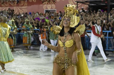 Rio, Brazil - February 23, 2020: parade of the samba school Grande Rio, at the Marques de Sapucai Sambodromo. Queen of percussion Paola Oliveira