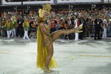 Rio, Brazil - February 23, 2020: parade of the samba school Grande Rio, at the Marques de Sapucai Sambodromo. Queen of percussion Paola Oliveira