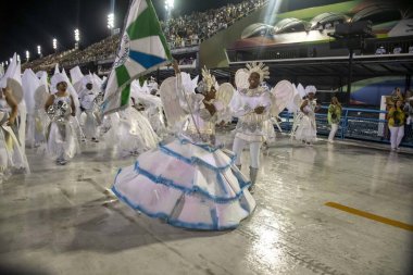 Rio, Brazil - February 21, 2020: parade of the samba school Academicos da Rocinha, at the Marques de Sapucai Sambodromo