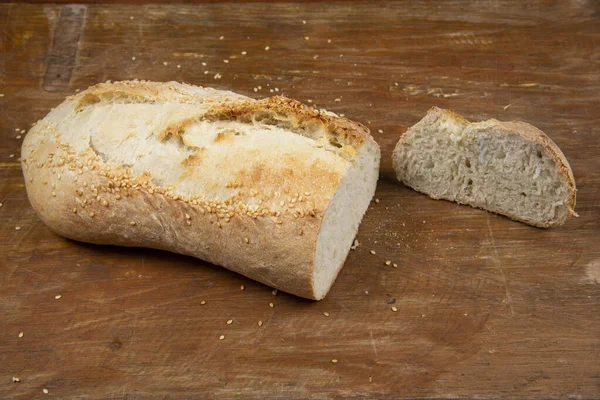 Homemade French Type Bread Sesame Rustic Wooden Background — Stock Photo, Image