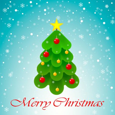 Mutlu Noeller, karikatür süslenmiş Noel ağacı ve mavi arka planda kar taneleri..