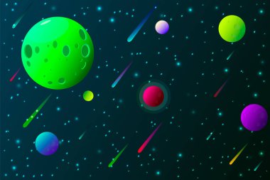 Yıldızlı, kuyruklu yıldızlı ve gezegenli yatay uzay arkaplanı. Vektör çizimi. Arkaplan, el ilanı, poster, kart, pankart için şablon. Çizgi film vektör arkaplanı