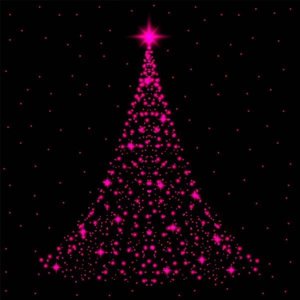 Parlayan Noel ağacı. Siyah arka planda parlak noktalar ve parlak kar taneleri. Vektör. — Stok Vektör