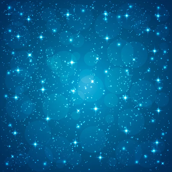 Sfondo blu brillante. Puntini luminosi e stelle scintillanti su sfondo blu. Vettore . — Vettoriale Stock