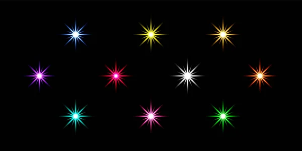Işınla parlayan yıldızlar. Işıklar siyah arkaplanda izole edildi. Renkli mercek parlamaları, bokeh, ışıltılar. Vektör illüstrasyonu.