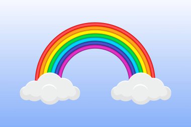 Mavi arka planda bulutlu gökkuşağı. Vektör illüstrasyonu.
