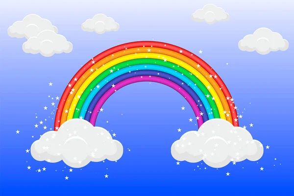 Rainbow in the sky with clouds and stars. Vector illustration — 스톡 벡터