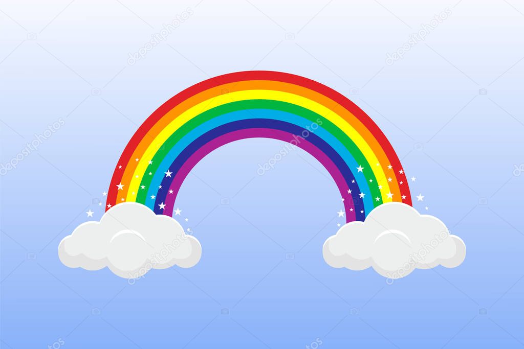 Rainbow in the sky with clouds and stars. Vector illustration.