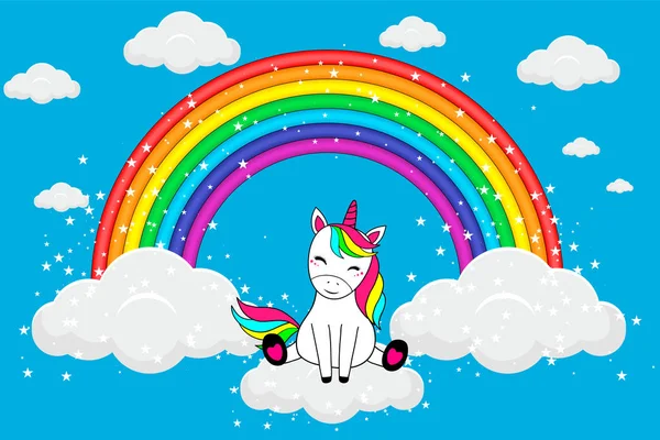 Magnifique vecteur licorne. Nuages mignons et illustration arc-en-ciel. Impression pour t-shirt ou autocollant . — Image vectorielle