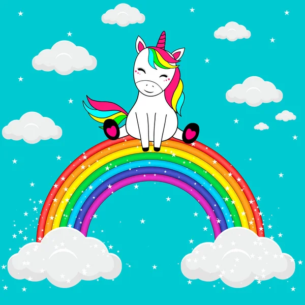 かわいいポニーユニコーン虹の上に座っている。漫画ベクトルイラスト. — ストックベクタ
