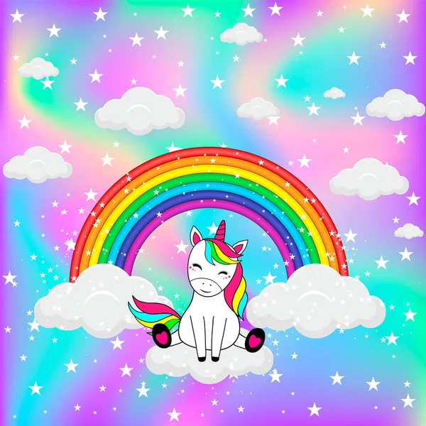 Cute unicorn on clouds with stars. Cartoon vector illustration. — Stock Vector