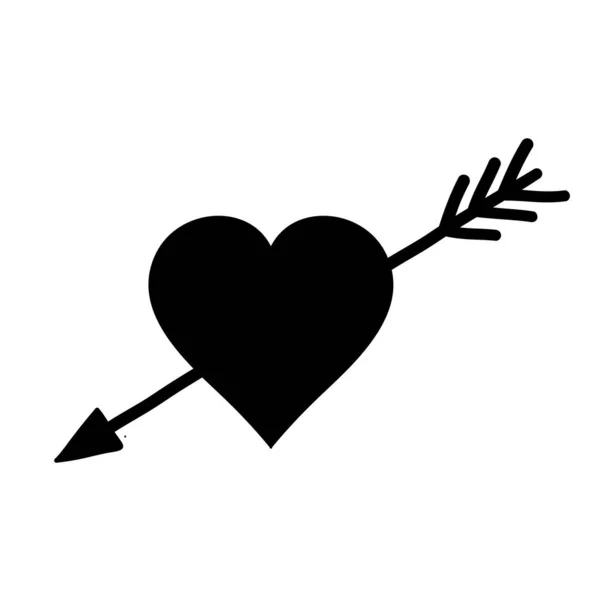 Sevgi okuyla delinmiş kalbi Sevimli karalama elle çizilmiş vektör çizimi.