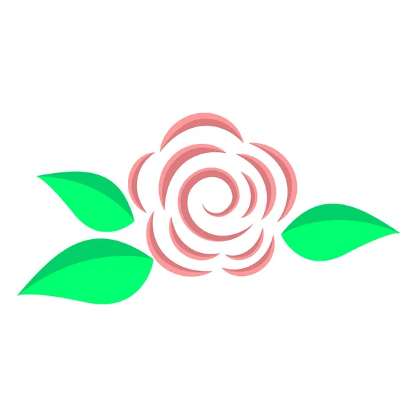 Rosa rosa con disegno logo foglie verdi. Vettore . — Vettoriale Stock