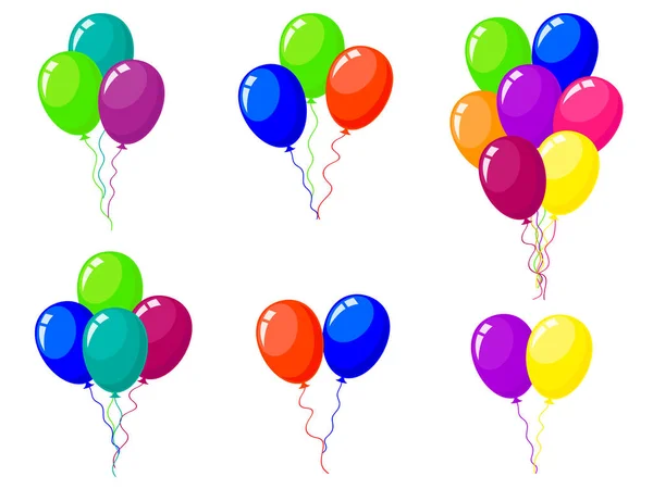 Manojos y grupos de globos de helio de colores aislados sobre fondo blanco . — Vector de stock