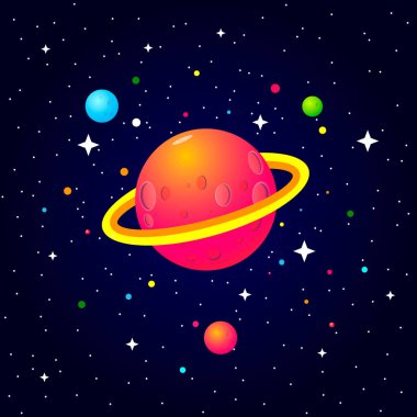 Renkli çizgi film dış uzay arka planı, tasarım, afiş, sanat eseri. Vektör illüstrasyonu.