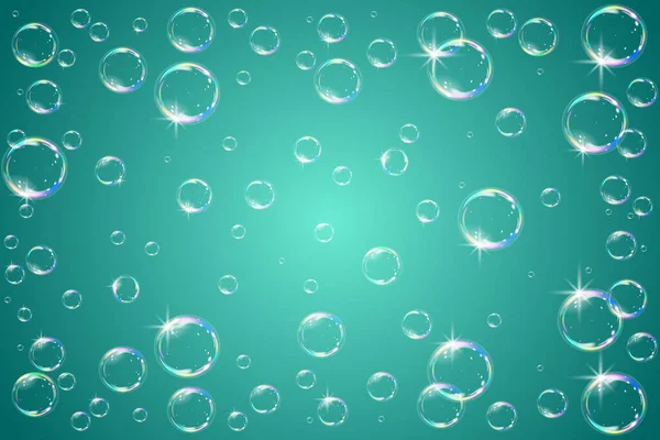 Мыльные пузыри сверкают на бирюзовом фоне . — стоковый вектор