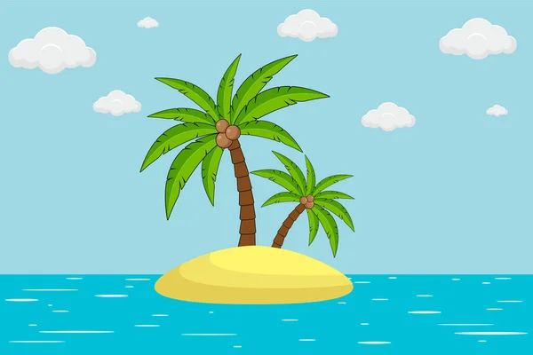 Isla tropical con palmeras, arena y agua. Diseño plano, vector . — Vector de stock