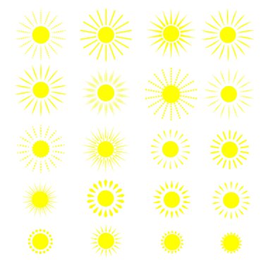 Sarı güneş ikonları koleksiyonu beyaza izole edildi. Vektör illüstrasyonu.