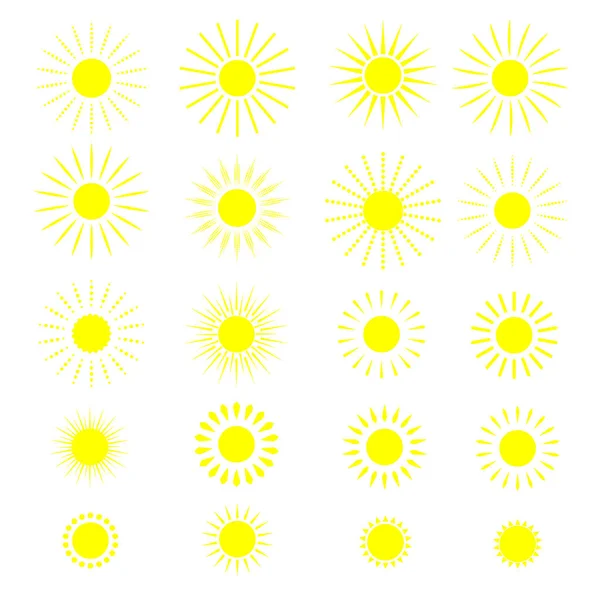 Colección de iconos de sol amarillos aislados en blanco. Ilustración vectorial . — Archivo Imágenes Vectoriales