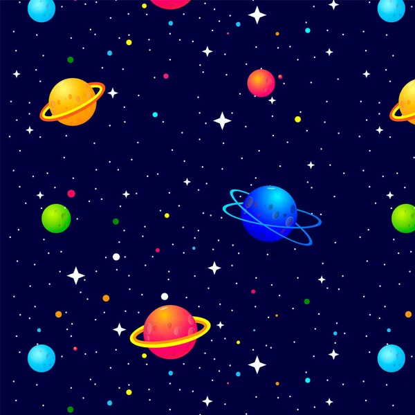 Gezegenler ve yıldızlarla dolu kusursuz bir uzay çizgi filmi. Vektör illüstrasyonu.