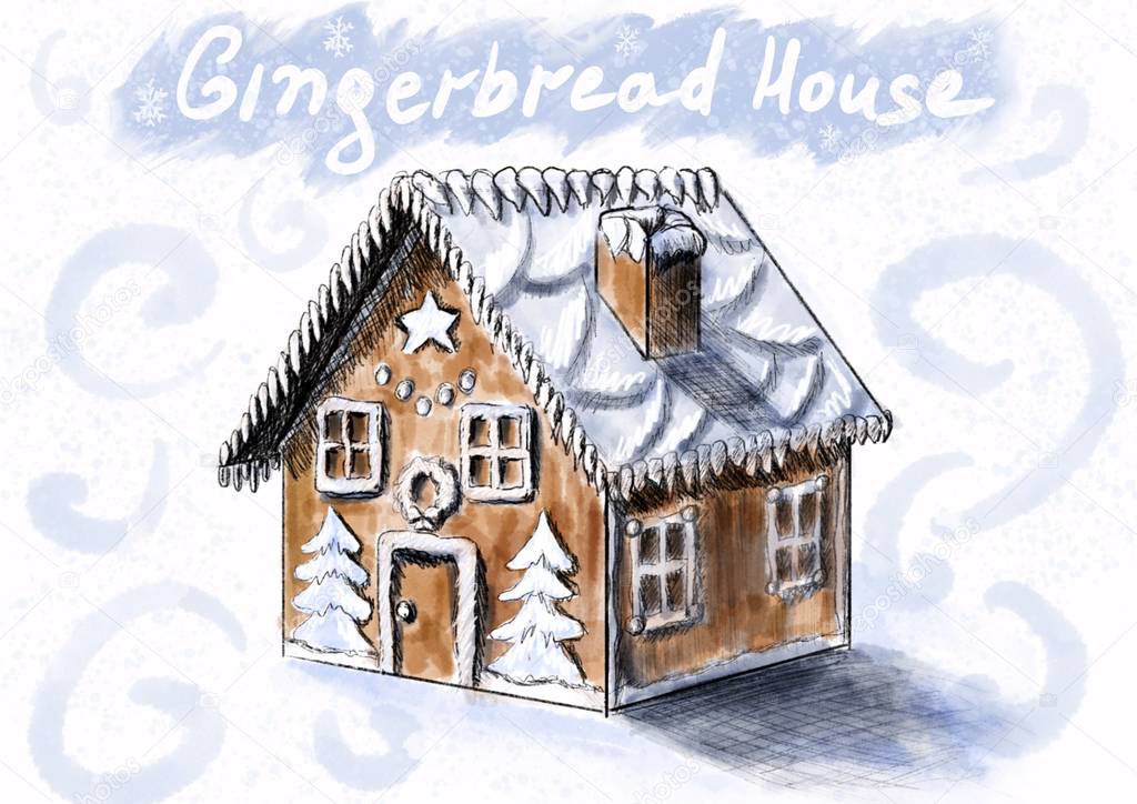 Gingerbread house for Christmas and New Year. A house in blue colors with sugar icing and decorated with icing sugar. With text on top. White background with blue patterns.