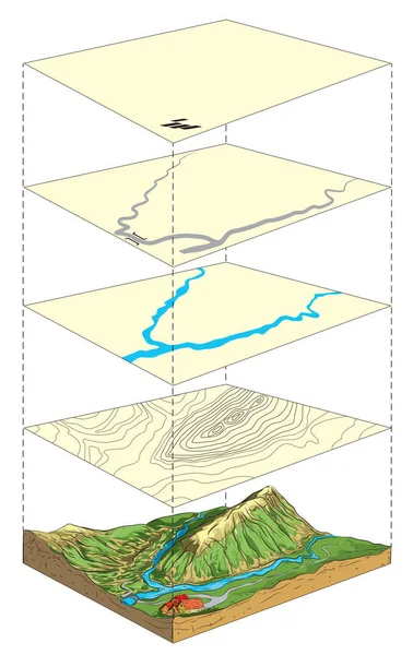 Illustration Terrain Model Its Representation Topographic Map Layers — Stock Vector