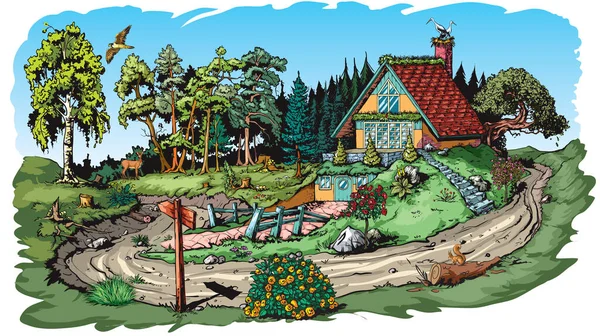 Cartoon Stzle Illustrazione Mostra Casa Sogno Montagna — Vettoriale Stock