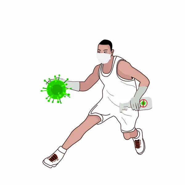 Virüse karşı maske, eldiven ve antiseptik takan genç bir adam.