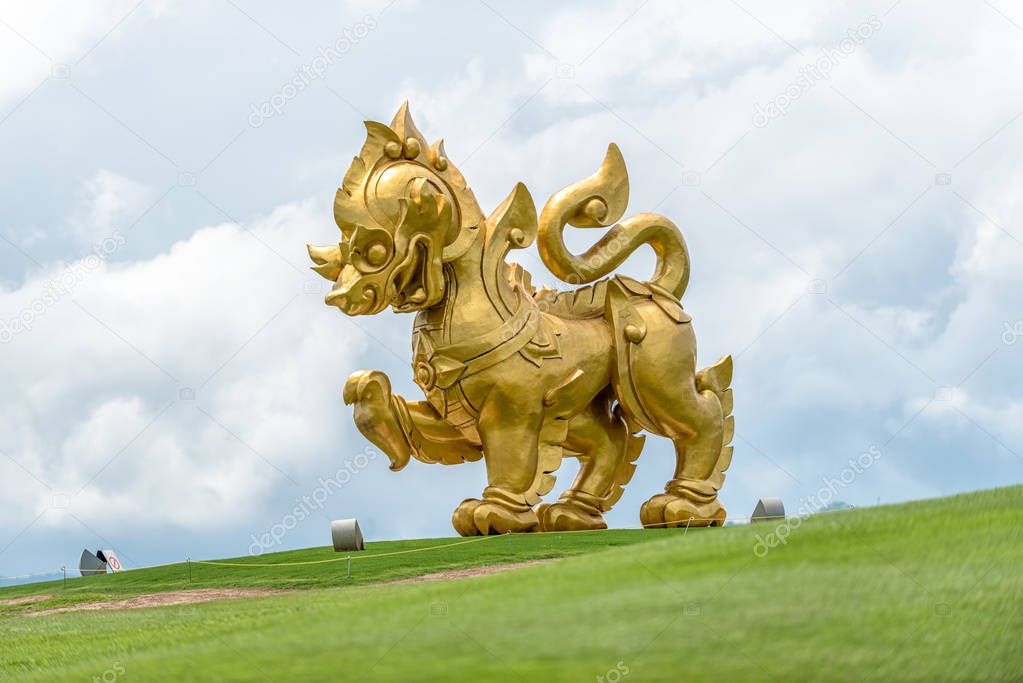 Singha or Lion golden statue in singha park,chiangrai Thailand