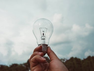 Enerji tasarrufu kavramı. Bulanık ağaç ve gökyüzü arka planında el ele tutuşan ampul