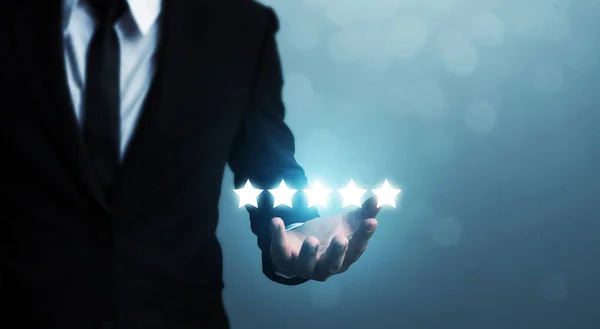 Businessman Hand Holding Five Star Symbol Increase Rating Company Concept — Stock Photo, Image