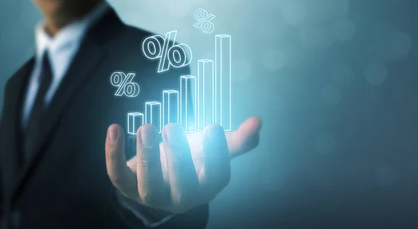 Faiz oranı finansal ve ipotek oranları kavramı. İş adamı el yazısı simgesi göstergesi: Grafik göstergesi ile 3D imza