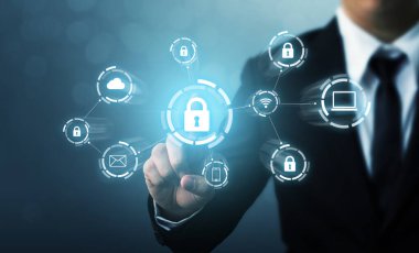 Güvenlik ağı güvenlik bilgisayarı ve veri konseptinizi güvene alın. İsimsiz bir hacker tarafından dijital suç