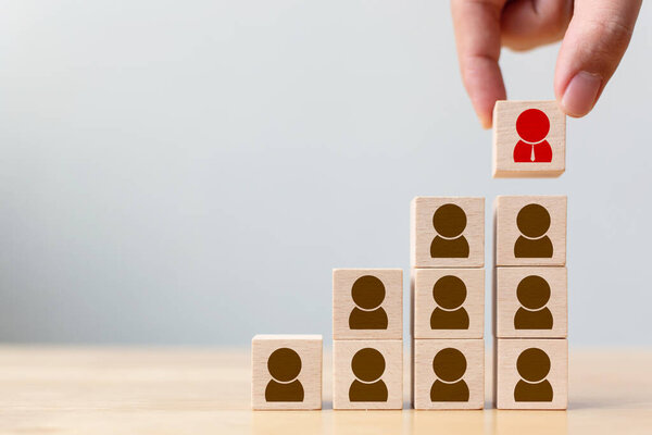 Human resource and talent management and recruitment business concept, Hand putting wood cube block on top staircase