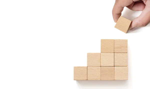 Hand Arranging Wooden Block Stacking Step Stair Whith Background Business — Stock Photo, Image