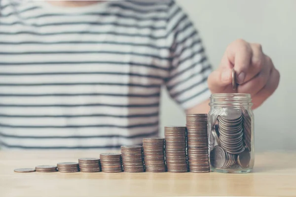 Hand Male Putting Coin Jar Money Stack Step Growing Growth — Stock fotografie