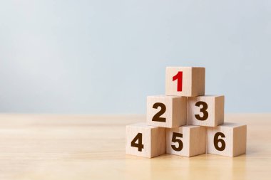 Tahta bloklama basamakları numaralarla dolu. En iyi iş hizmetleri derecelendirme müşteri deneyimi konsepti 