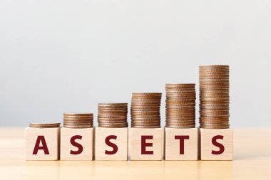 Basamaklardaki madeni paralar büyüyen basamaklar ve içinde ASSETS olan tahta küp bloklar. Yatırım ve tasarruf kavramı