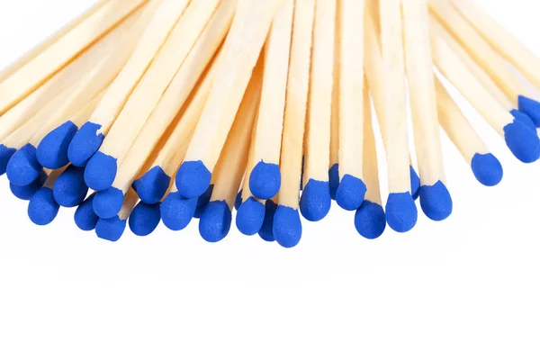 Heap of matches with blue heads isolated on white background — Stock Photo, Image