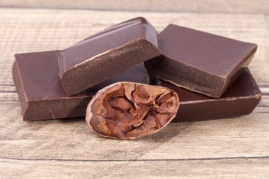 Çikolata ve kakao çekirdeği üzerinde ahşap tahta parçaları.