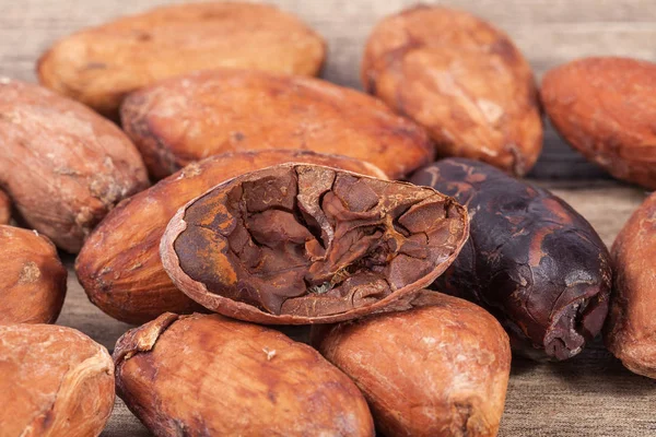 Cocoa beans , whole and cut on wooden plank — Stock Photo, Image