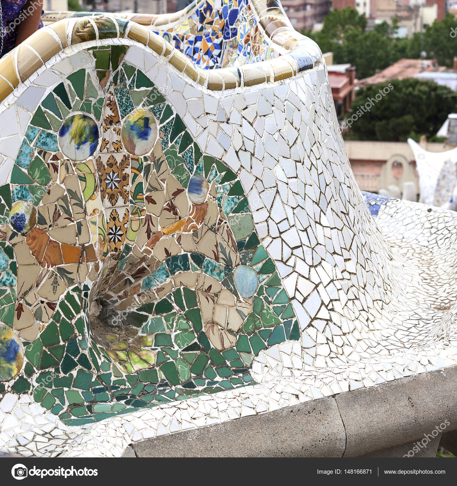 Barcelona Spain May 13 16 Gaudi Multicolored Mosaic Bench In Park Guell The Park Designed By Barcelona Spain May 13 16 Gaudi Multicolored Mosaic Bench In Park Guell The Park Designed By