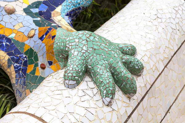 Gaudi multicolored mosaic salamander in Park Guell, Barcelona , Spain