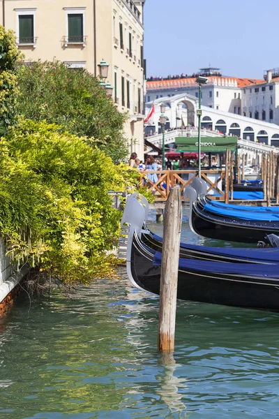 Vista sobre el Gran Canal con góndolas en el puerto y el Puente de Rialto (Ponte de Rialto), Venecia, Italia — Foto de Stock