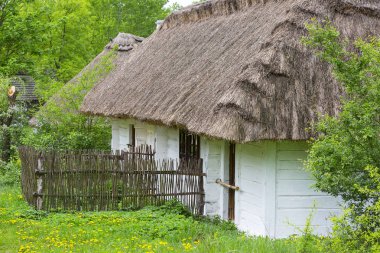 Eski geleneksel ahşap evde Açık Hava Müzesi, kırsal manzara, Tokarnia, Polonya Lehçe