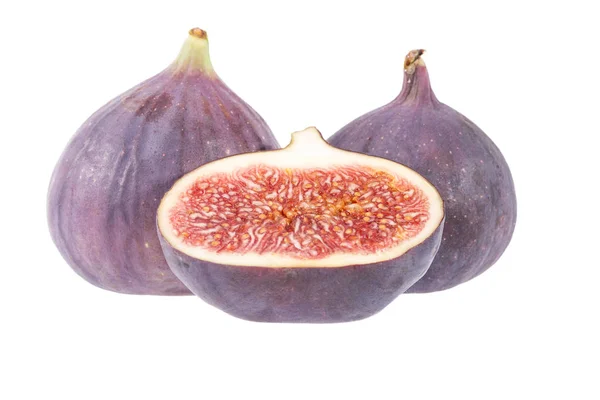 Fresh figs, half and whole, isolated on white background, close up — Stock Photo, Image