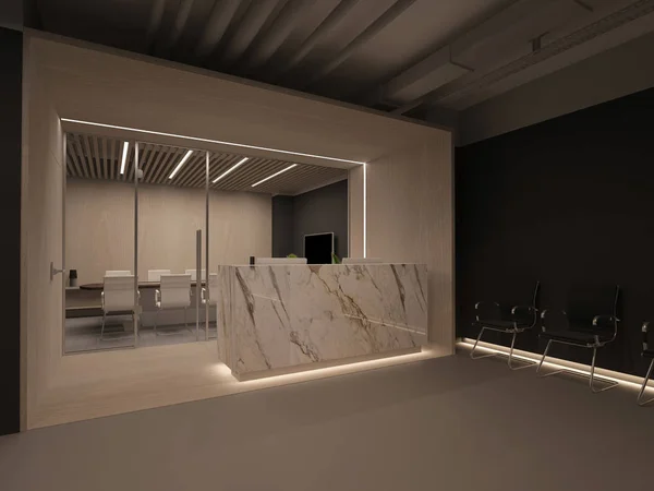 3D Εικονογράφηση Λευκό πέτρινο γραφείο υποδοχής με χώρο αναμονής στο γραφείο. — Φωτογραφία Αρχείου
