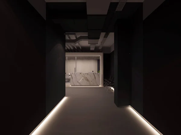 3D Εικονογράφηση σκοτεινή αίθουσα και λευκό πέτρινο γραφείο υποδοχής στο εσωτερικό του γραφείου. — Φωτογραφία Αρχείου