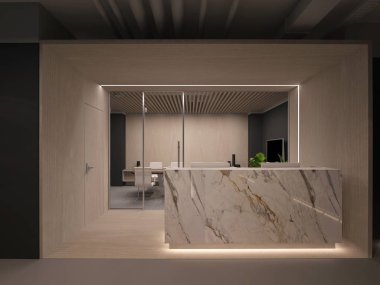 3D Görüntü: Beyaz Taş resepsiyon masası ofis içi.